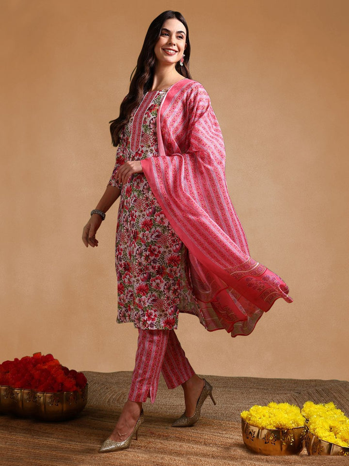 KALINI Floral Printed Round Neck Straight Kurta With Trousers & Dupatta