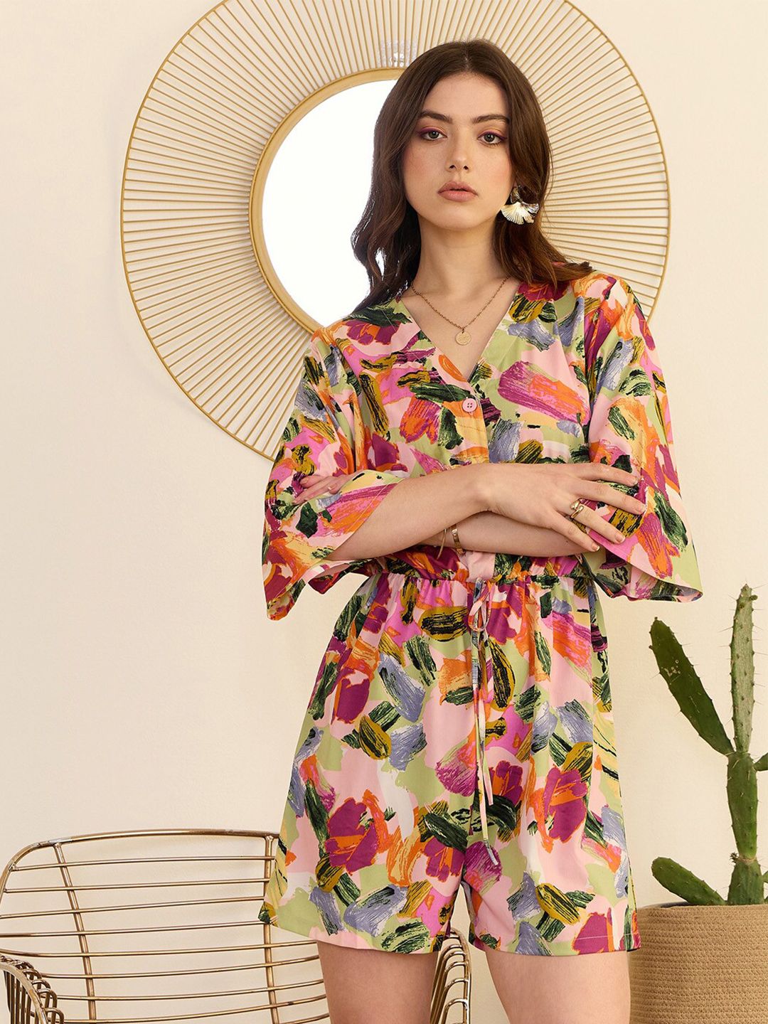 Berrylush Abstract Printed V-Neck Playsuit