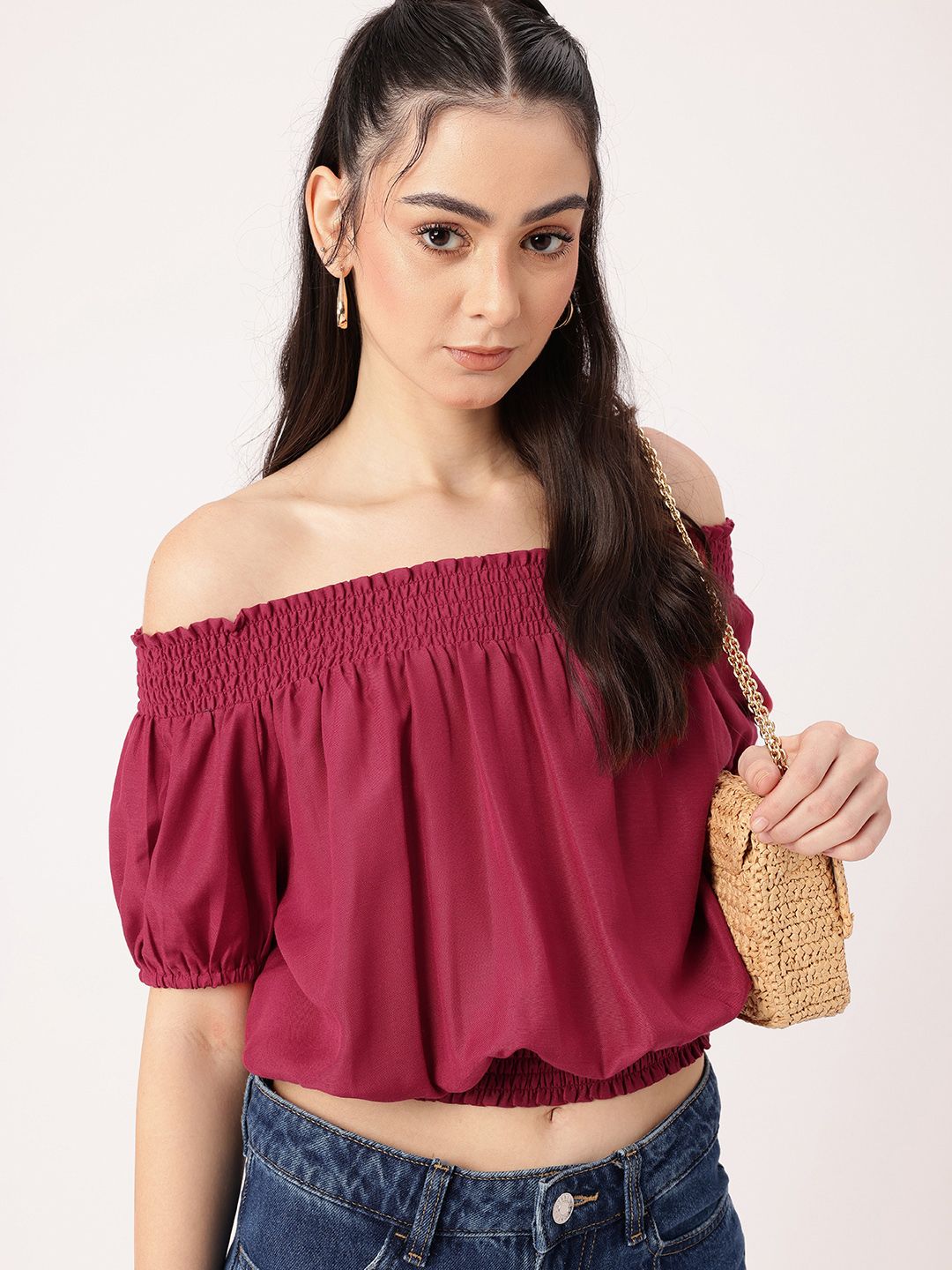 DressBerry Boho Chic Off Shoulder Smocked Blouson Crop Top