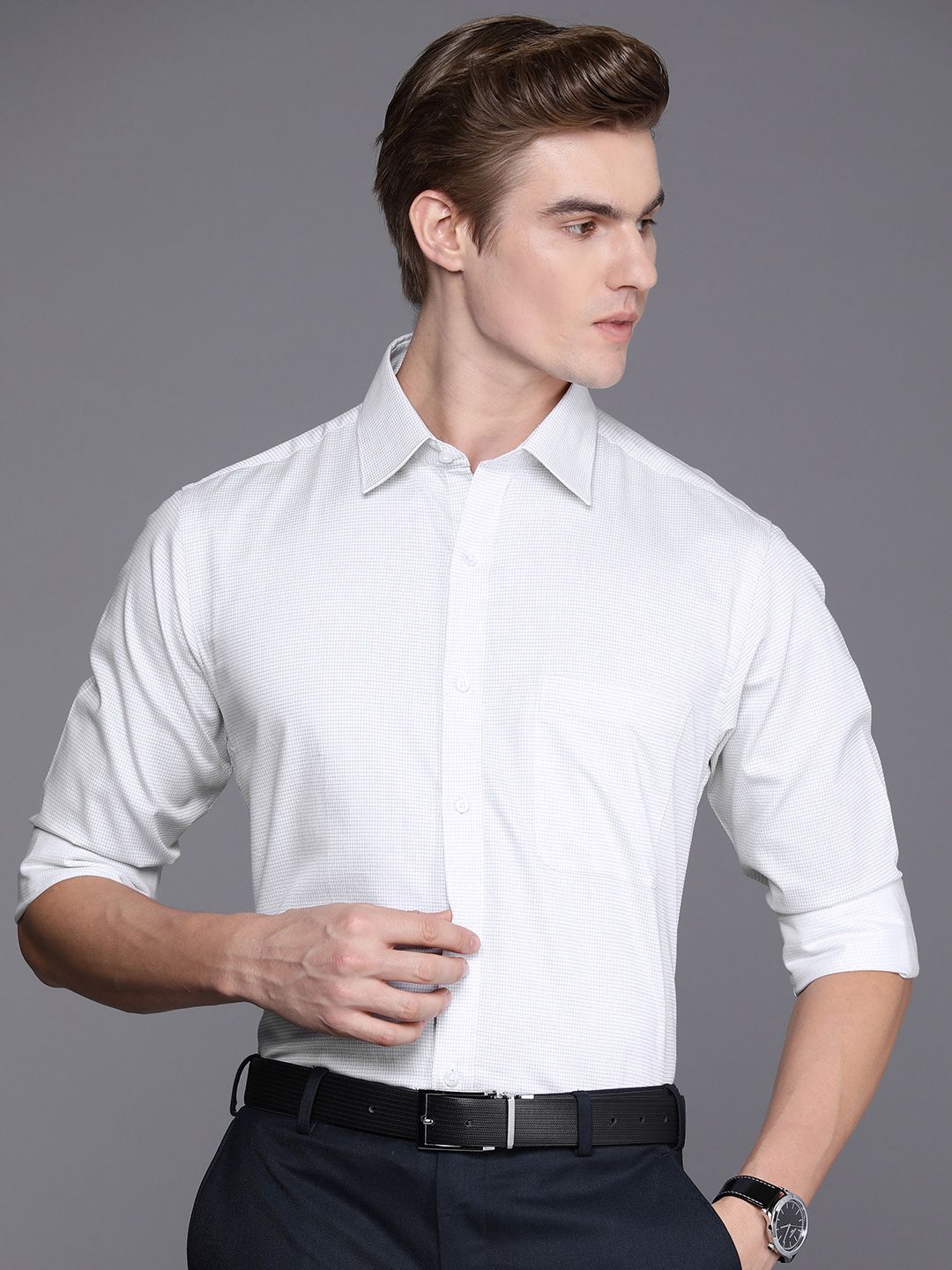 Raymond Men Pure Cotton Slim Fit Micro Checks Opaque Formal Shirt