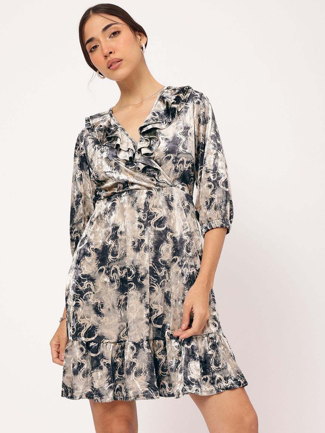 DressBerry Radiant Ruffles Abstract Print Velour A-Line Dress
