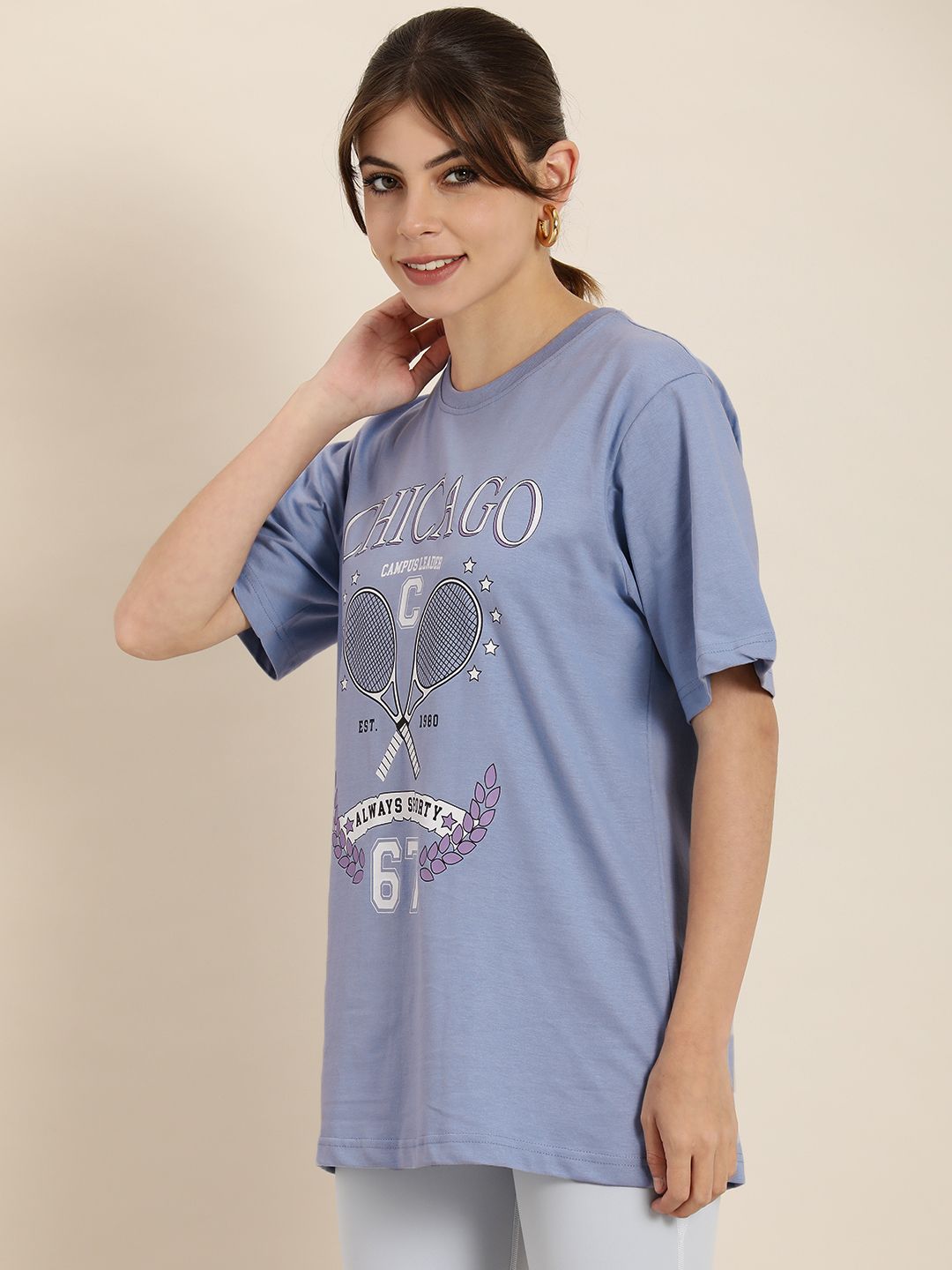DILLINGER Women Blue Printed Pure Cotton Loose Graphic Oversized T-Shirt