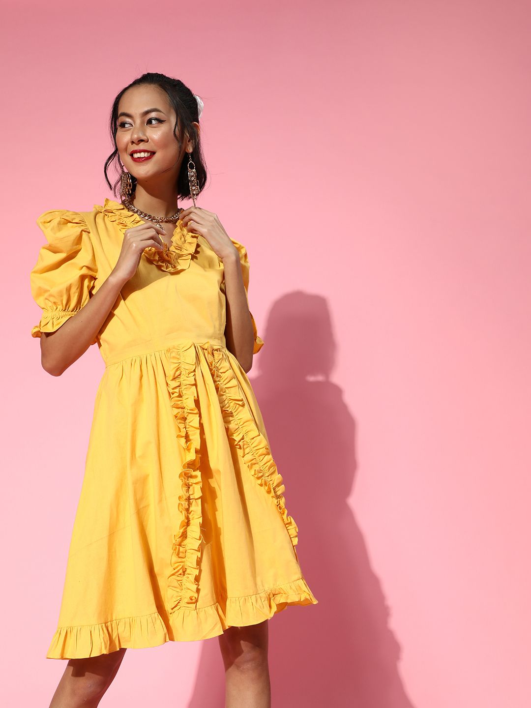 Athena Women Stylish Yellow Geometric Ruffled Dress