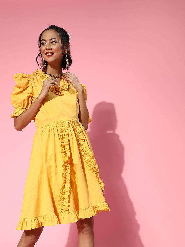 Athena Women Stylish Yellow Geometric Ruffled Dress