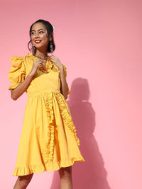 Athena Women Stylish Yellow Geometric Ruffled Dress