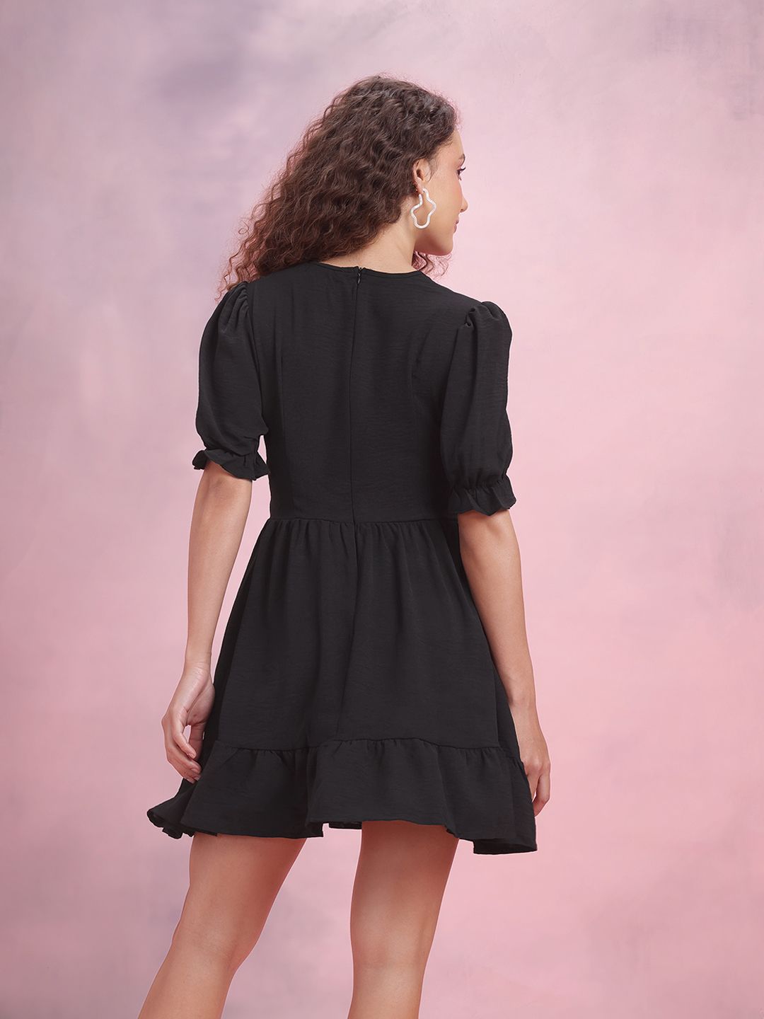 DressBerry Puff Sleeves A-Line Dress with Ruffled Detail