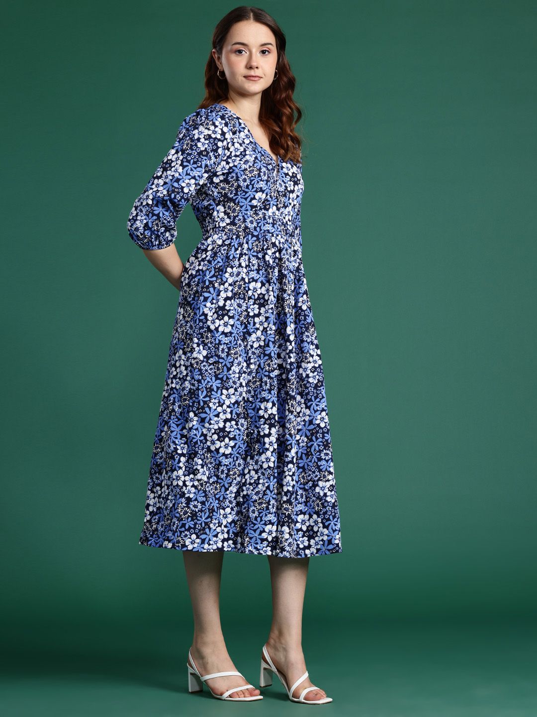 DressBerry Floral Print Puff Sleeve Midi Dress