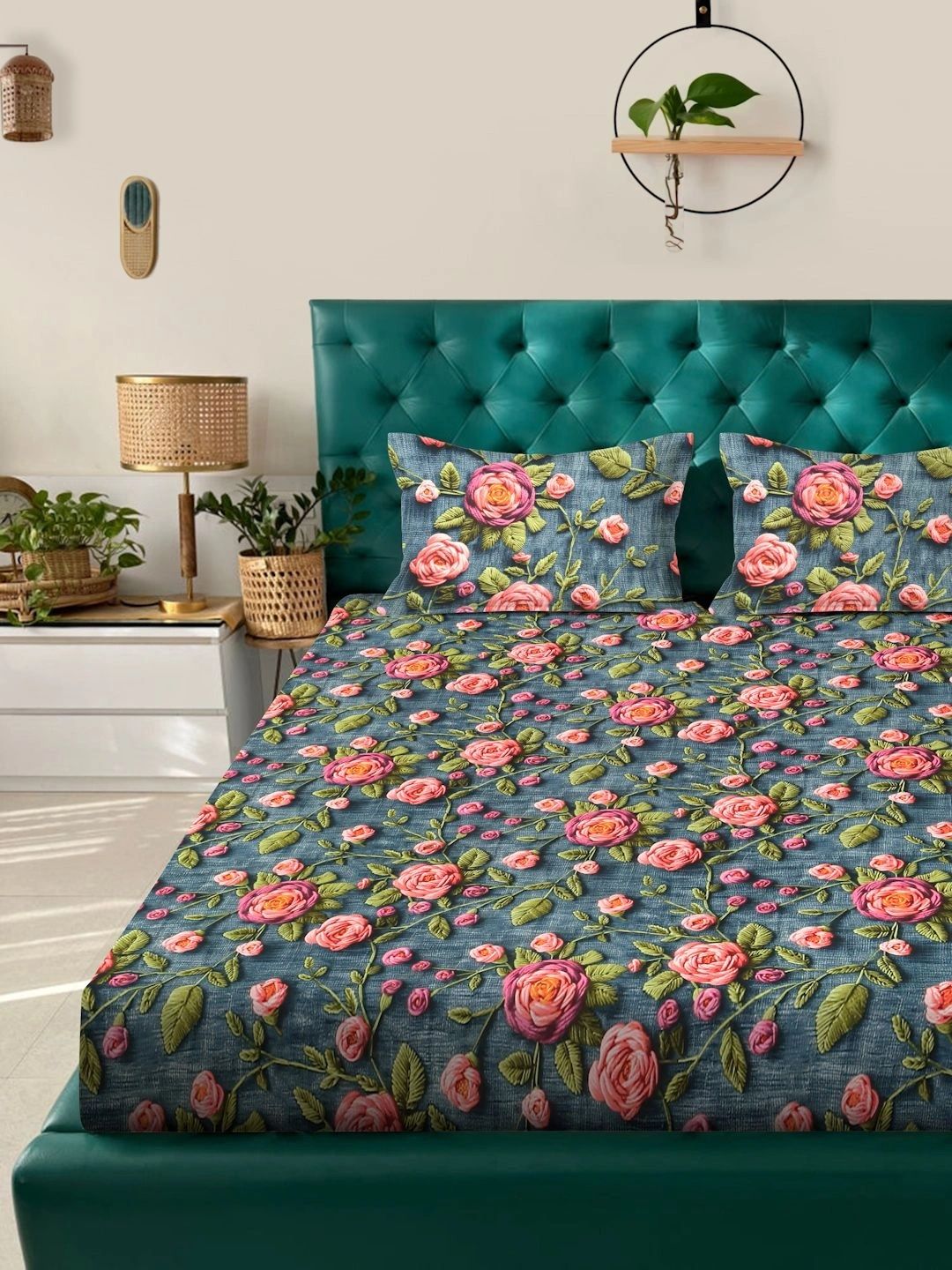 Moda Rapido X KLOTTHE Turquoise Blue Floral 300 TC Cadar Katil King dengan 2 Sarung Bantal