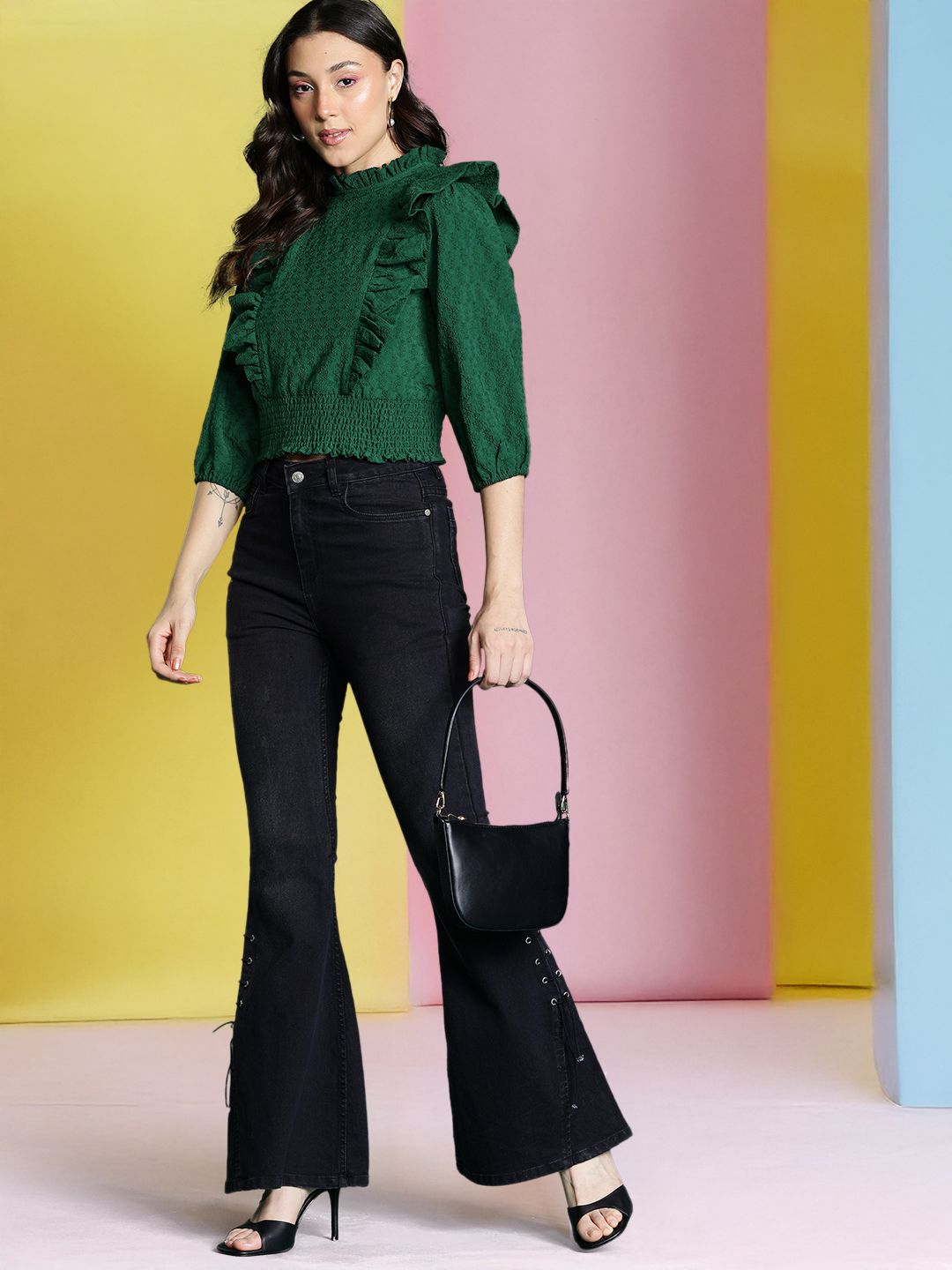DressBerry Self Design Ruffles Blouson Top