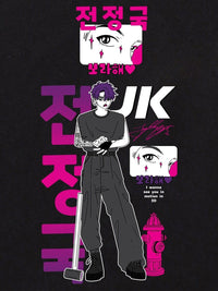 Bewakoof Black 3D BTS Graphic Printed Drop-Shoulder Sleeves Oversized Cotton T-shirt