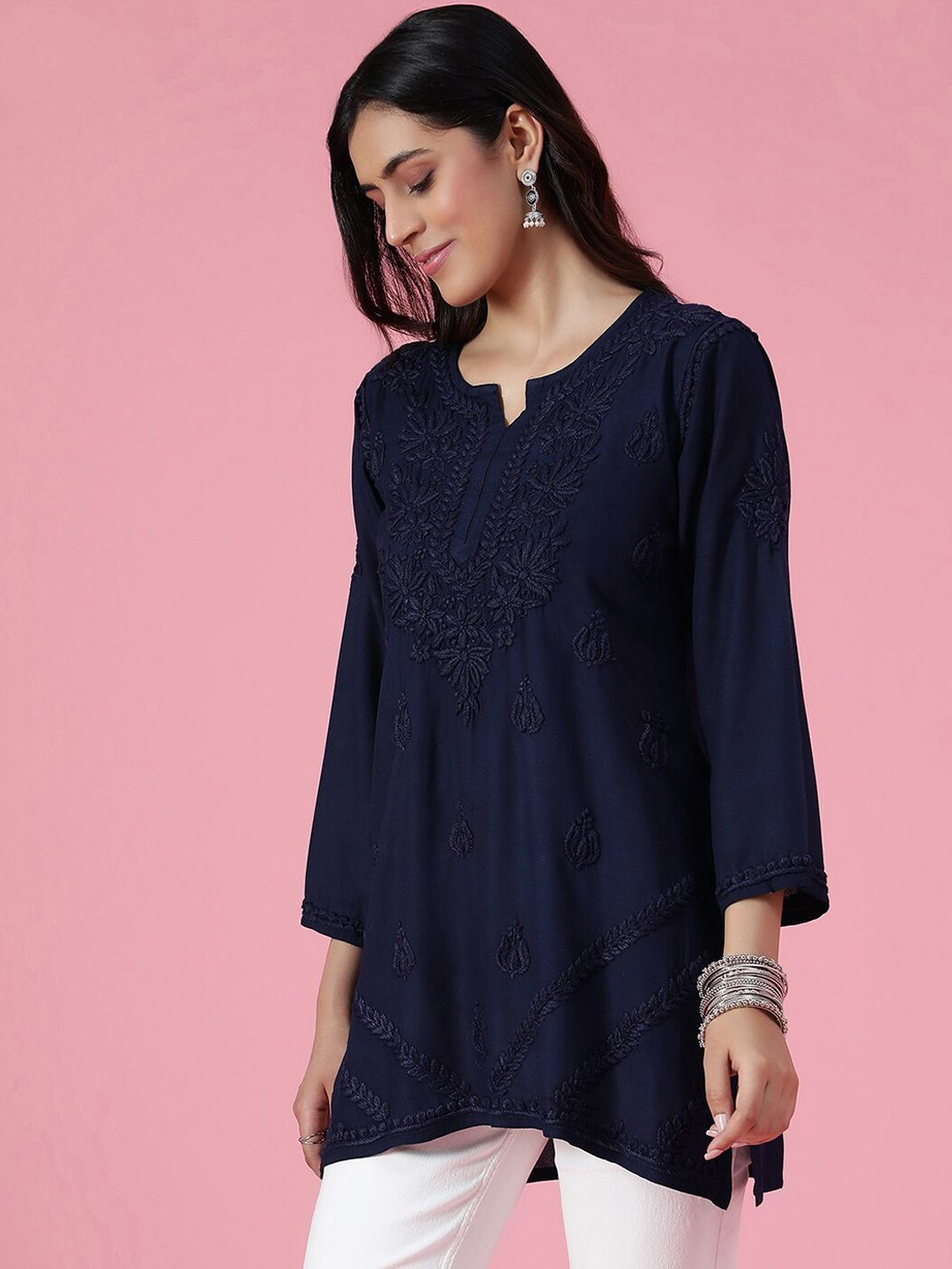 House of Chikankari Women Navy Blue Rayon Chikankari Sulam Kurti