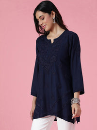 House of Chikankari Women Navy Blue Rayon Chikankari Sulam Kurti