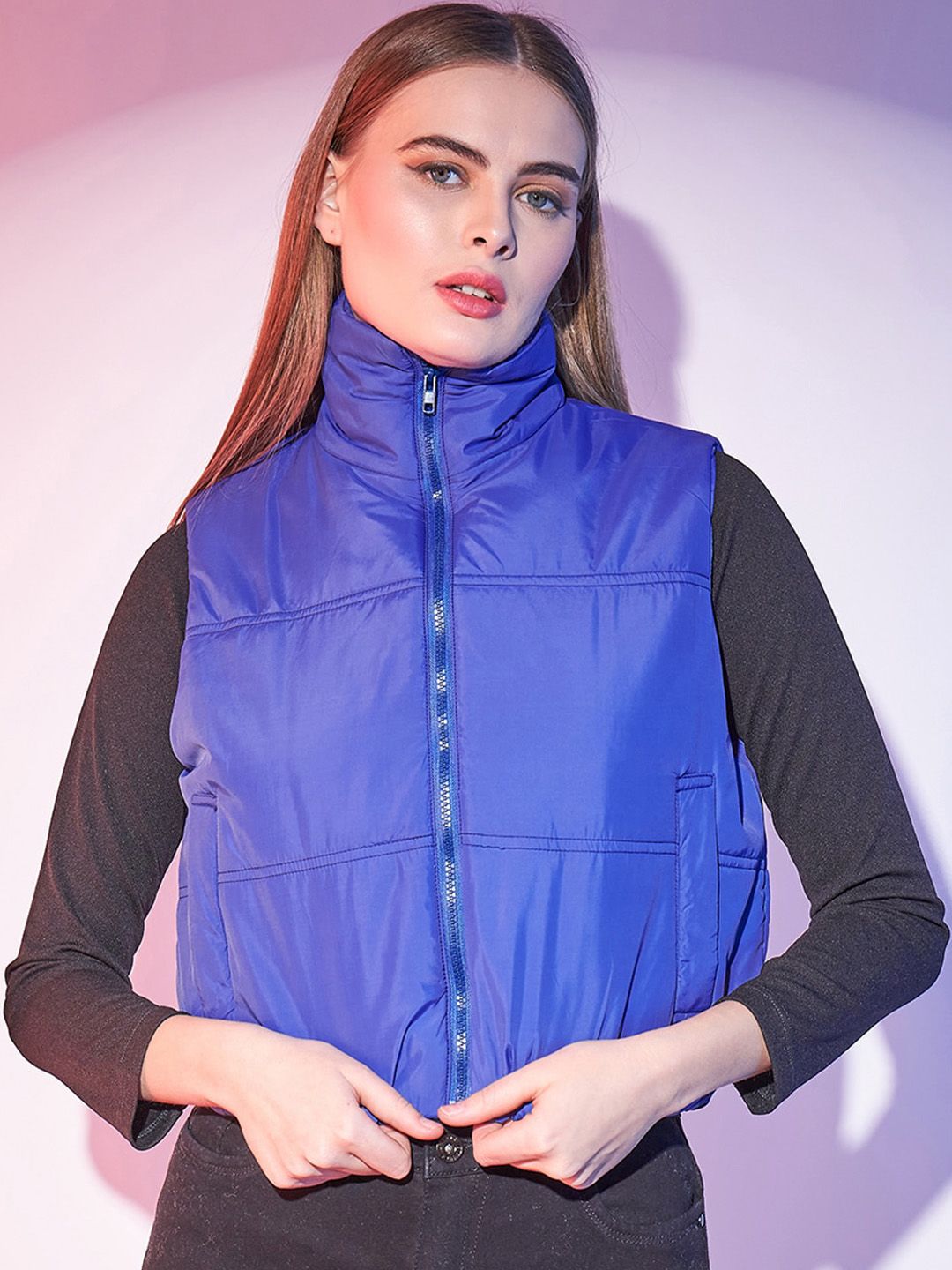 STREET 9 Blue Stand Collar Sleeveless Lightweight Crop Puffer Jacket