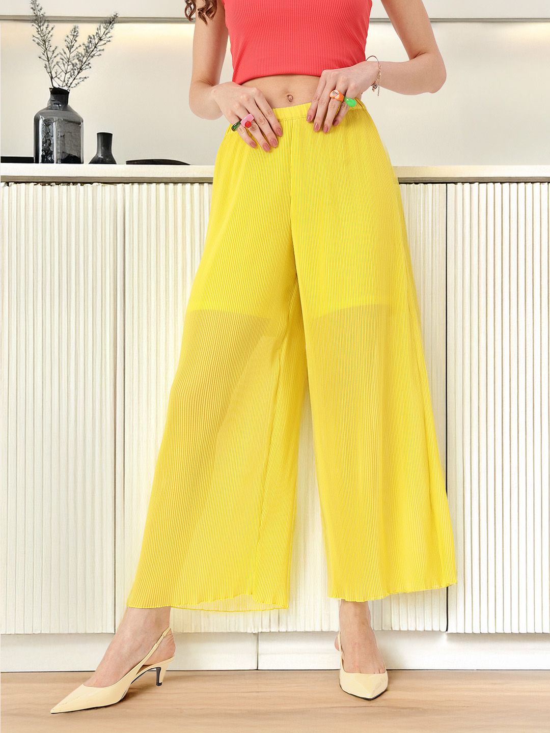 DressBerry Women Delicate Accordion Pleats Wide Leg Trousers