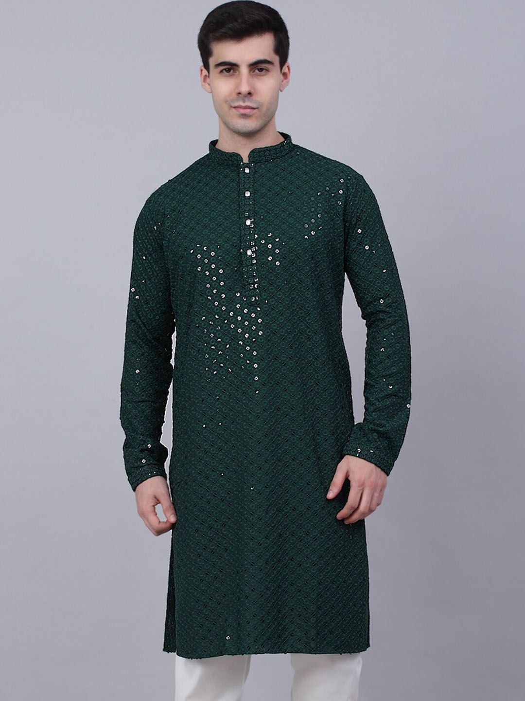 Jompers Men Ethnic Motifs Embroidered Mirror Work Cotton Kurta