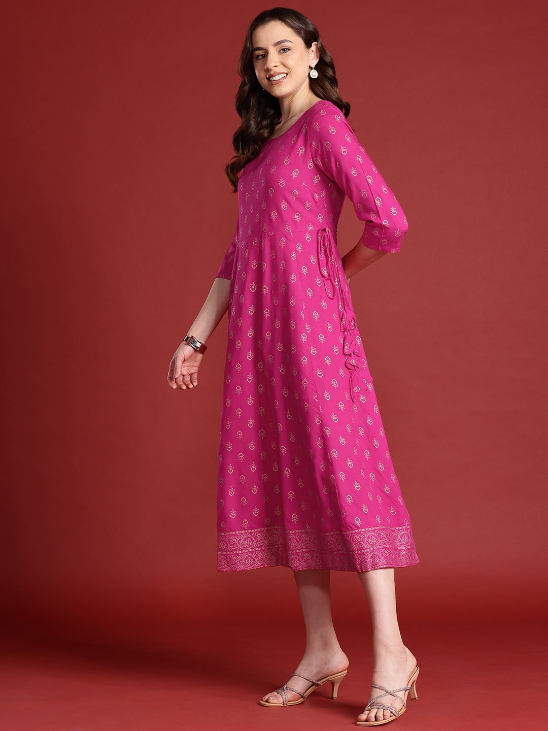 Anouk Tie-Up Tassels Detail Foil Print A-Line Midi Ethnic Dress