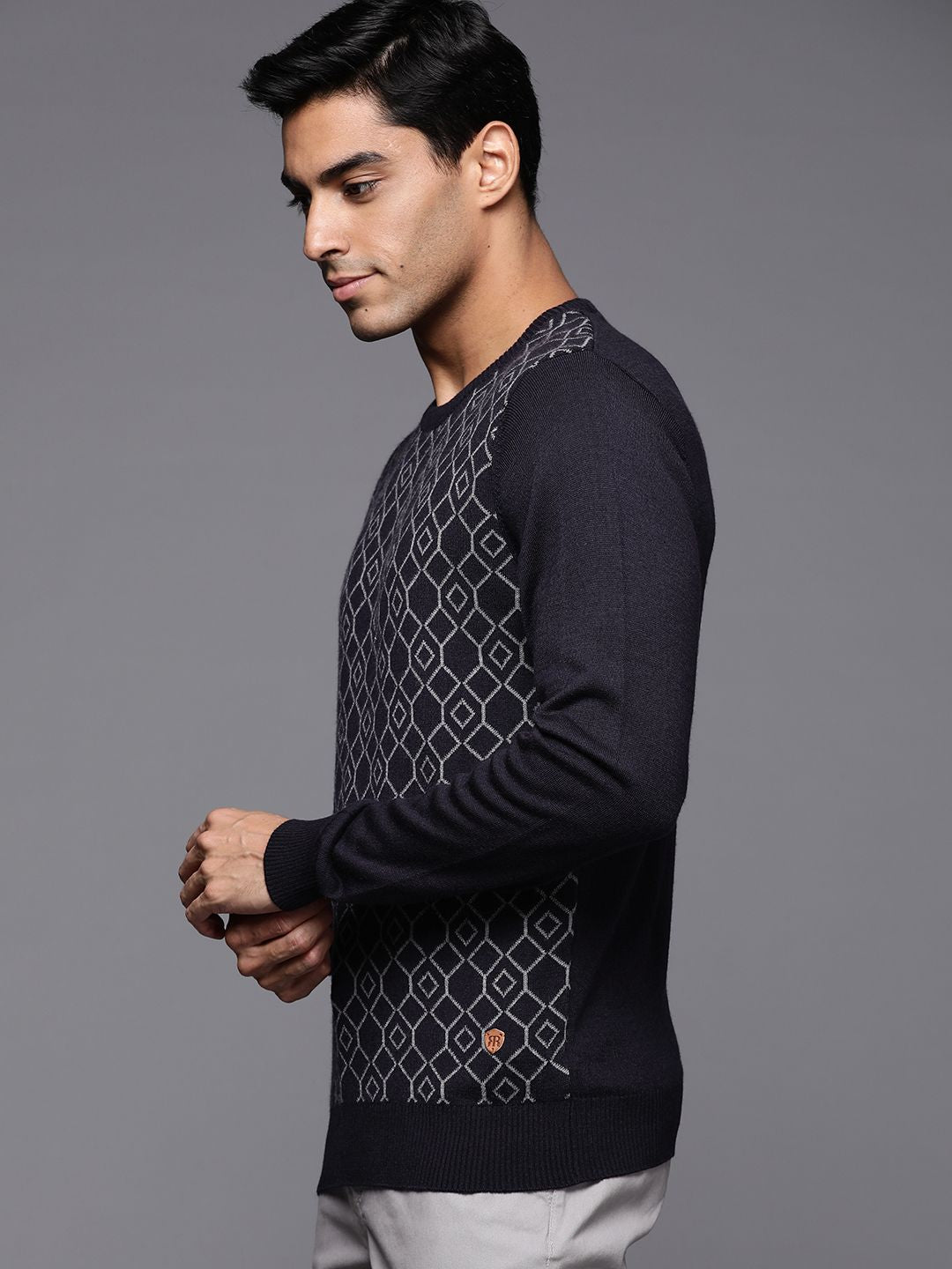 Raymond Men Navy Blue & Grey Self-Design Pullover