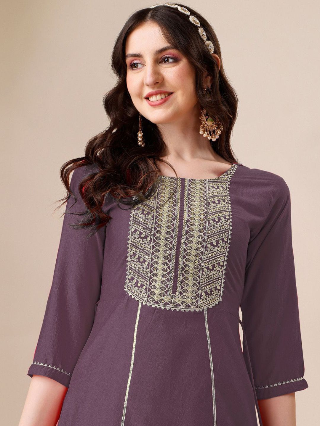 KALINI Ethnic Motifs Embroidered Sequinned Kurta with Palazzos & Dupatta