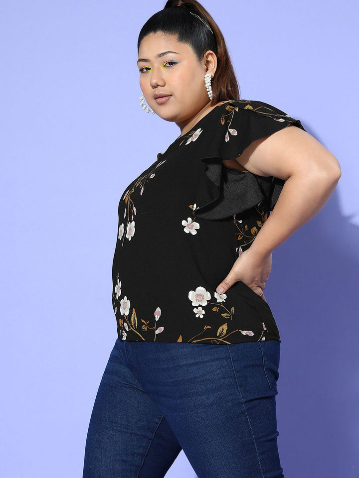Berrylush Curve Floral Print Flutter Sleeve Ruffles Top