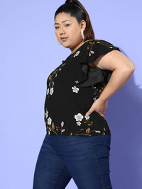 Berrylush Curve Floral Print Flutter Sleeve Ruffles Top