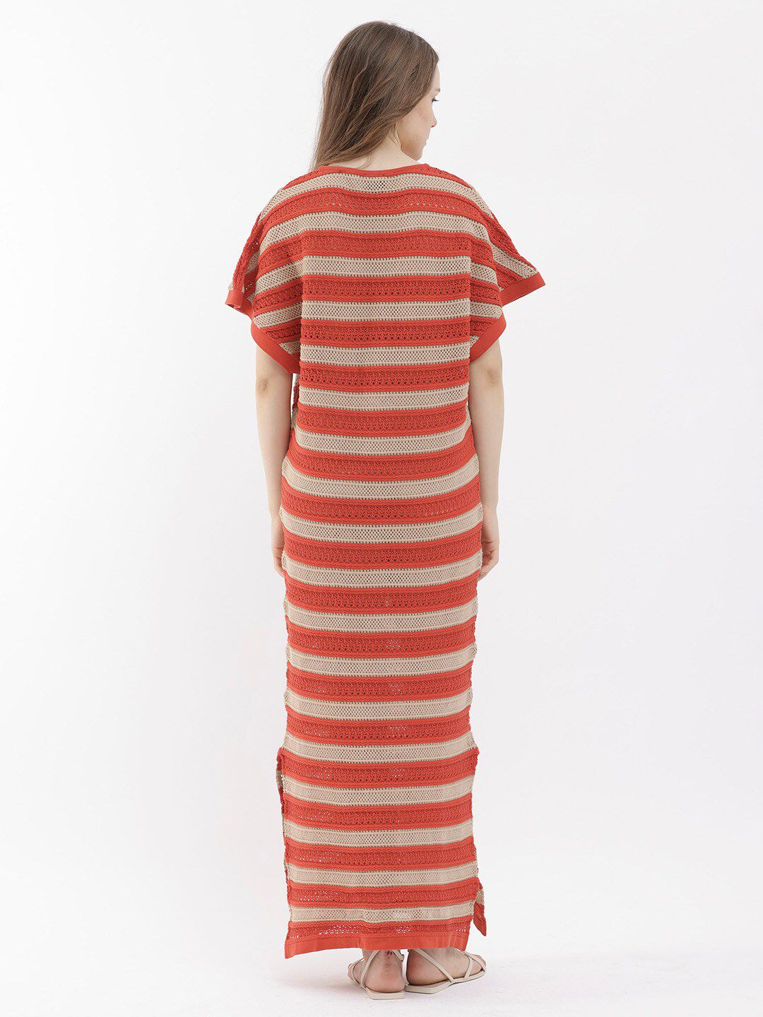 RAREISM Striped V-Neck Short Sleeves Cotton Maxi Dress
