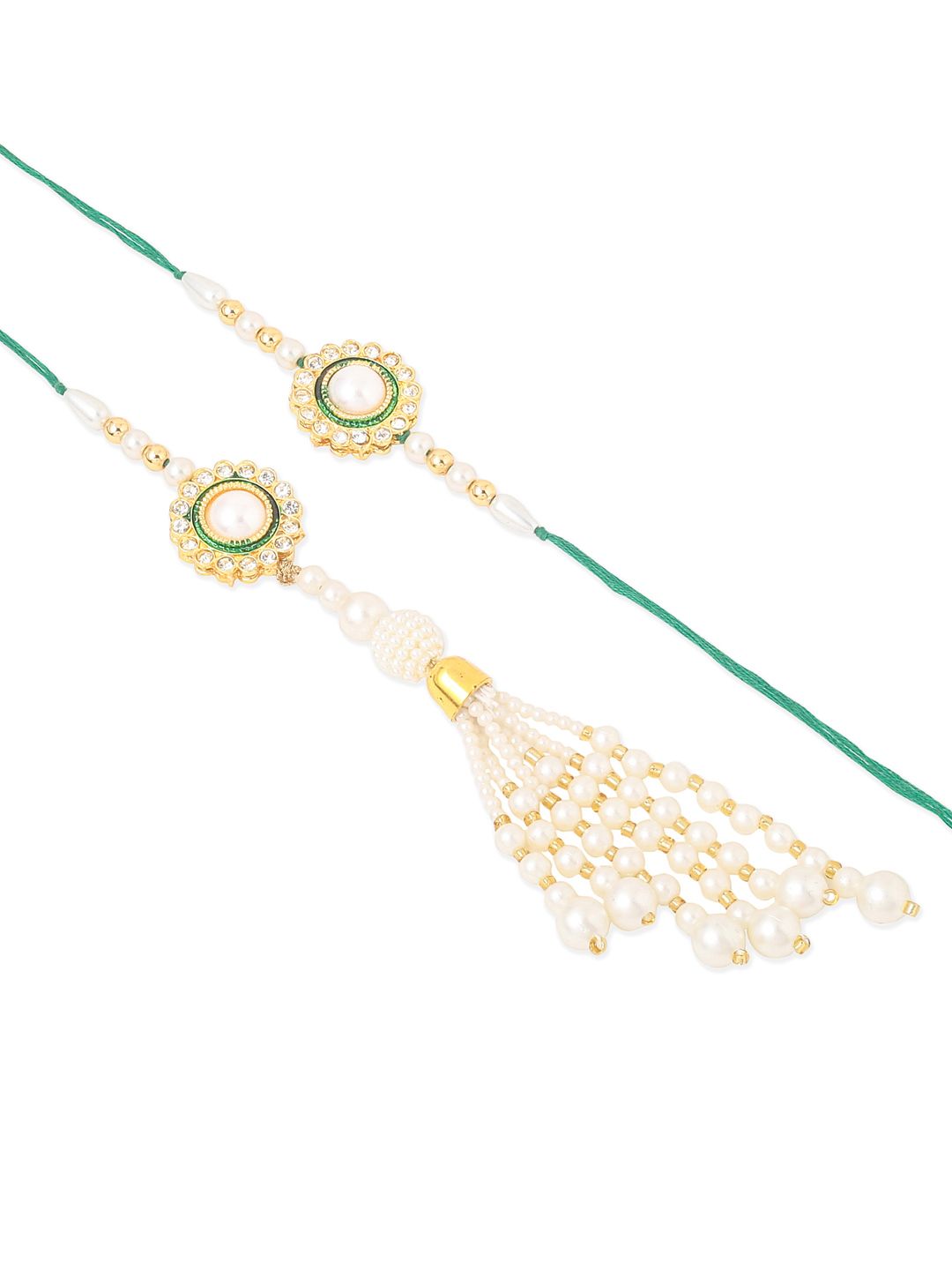 NVR Set of 2 White & Green Stone Studded Bhaiya Bhabhi Rakhi with Roli Chawal Chandan