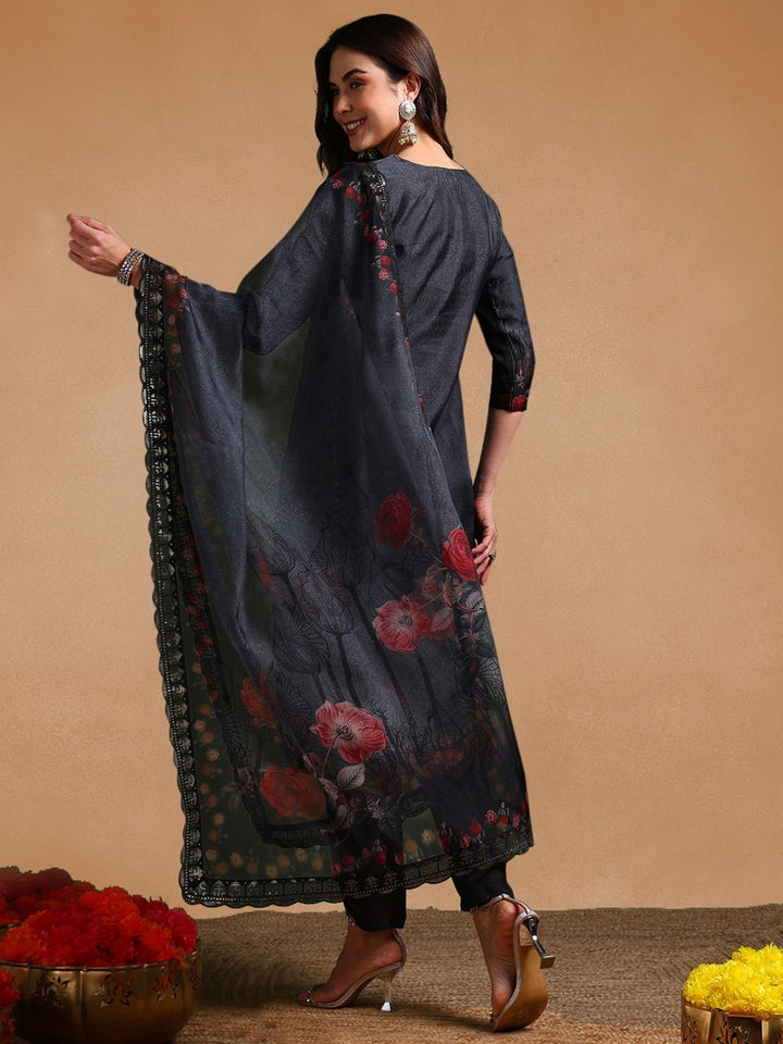 KALINI Floral Embroidered Sequinned Organza Straight Kurta With Trousers & Dupatta