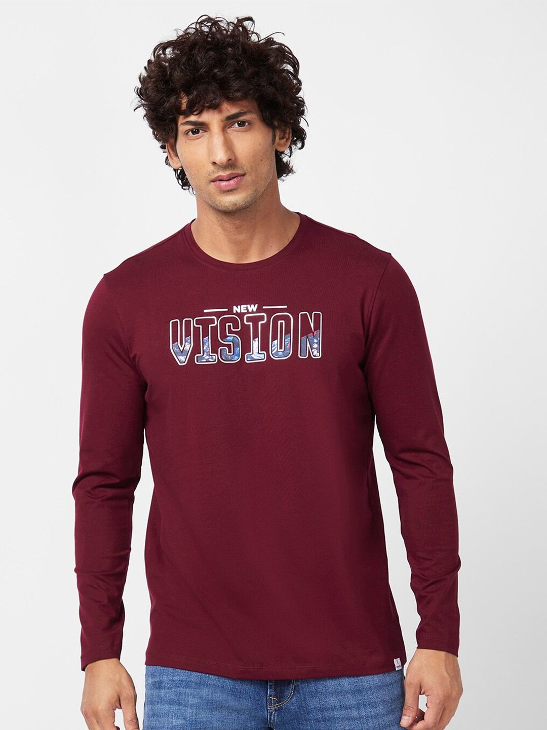 SPYKAR Typography Printed Long Sleeves Slim Fit Cotton T-Shirt