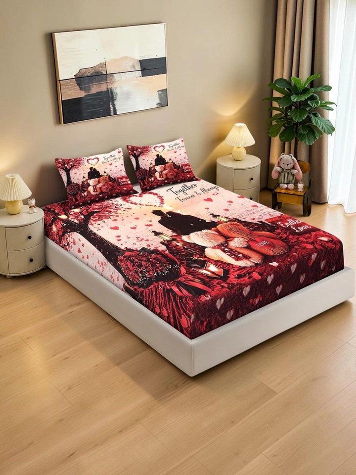KLOTTHE Red & White Conversational 400 TC King Bedsheet with 2 Pillow Covers