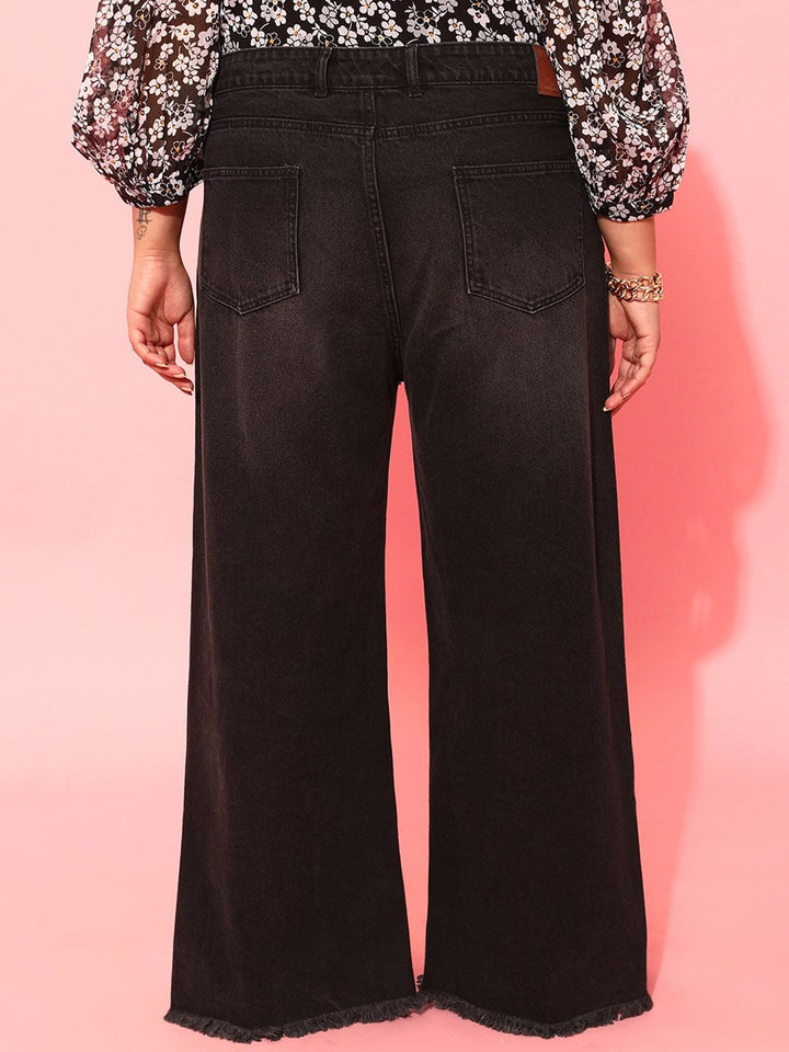 CURVY STREET Plus Size Women Charcoal Comfort Low Distress Pure Cotton Flared Jeans