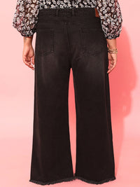 CURVY STREET Plus Size Women Charcoal Comfort Low Distress Pure Cotton Flared Jeans