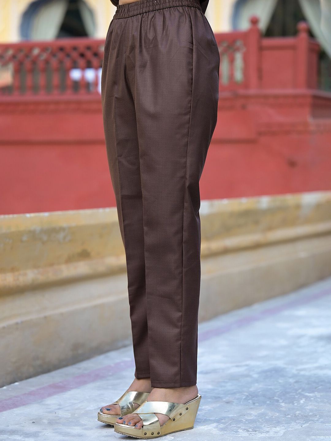 Vishudh Brown & Gold Toned V Neck Regular Kurta with Trousers & With Dupatta