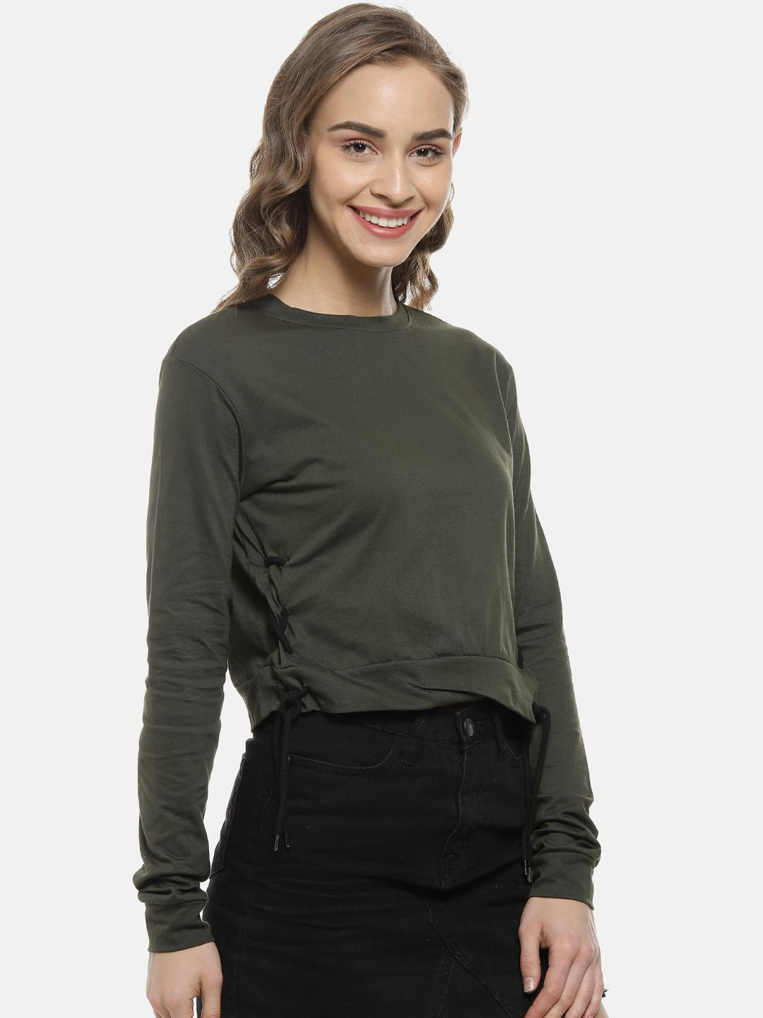 Campus Sutra Women Olive Green Solid Crop Pure Cotton Top
