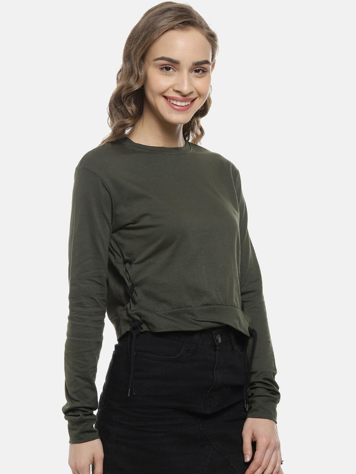 Campus Sutra Women Olive Green Solid Crop Pure Cotton Top