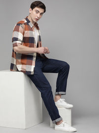 THE BEAR HOUSE Men Rust Brown & Navy Blue Slim Fit Checked Pure Cotton Casual Shirt