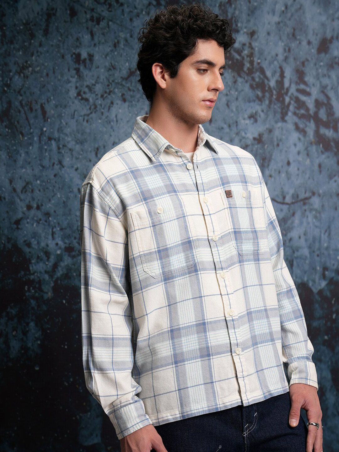 Locomotive Men White Dobby Textured Checked Utility Pocket Overshirt