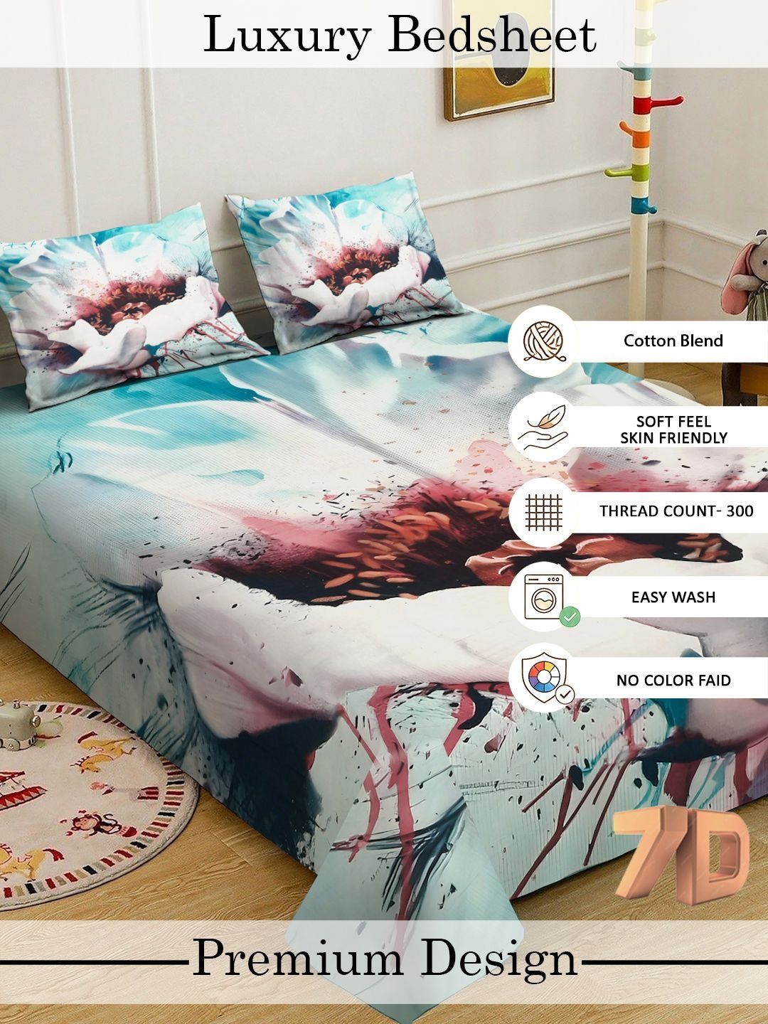 Myntra Elegant Homes Green Floral 300 TC Super King Double Bedsheet dengan 2 Sarung Bantal