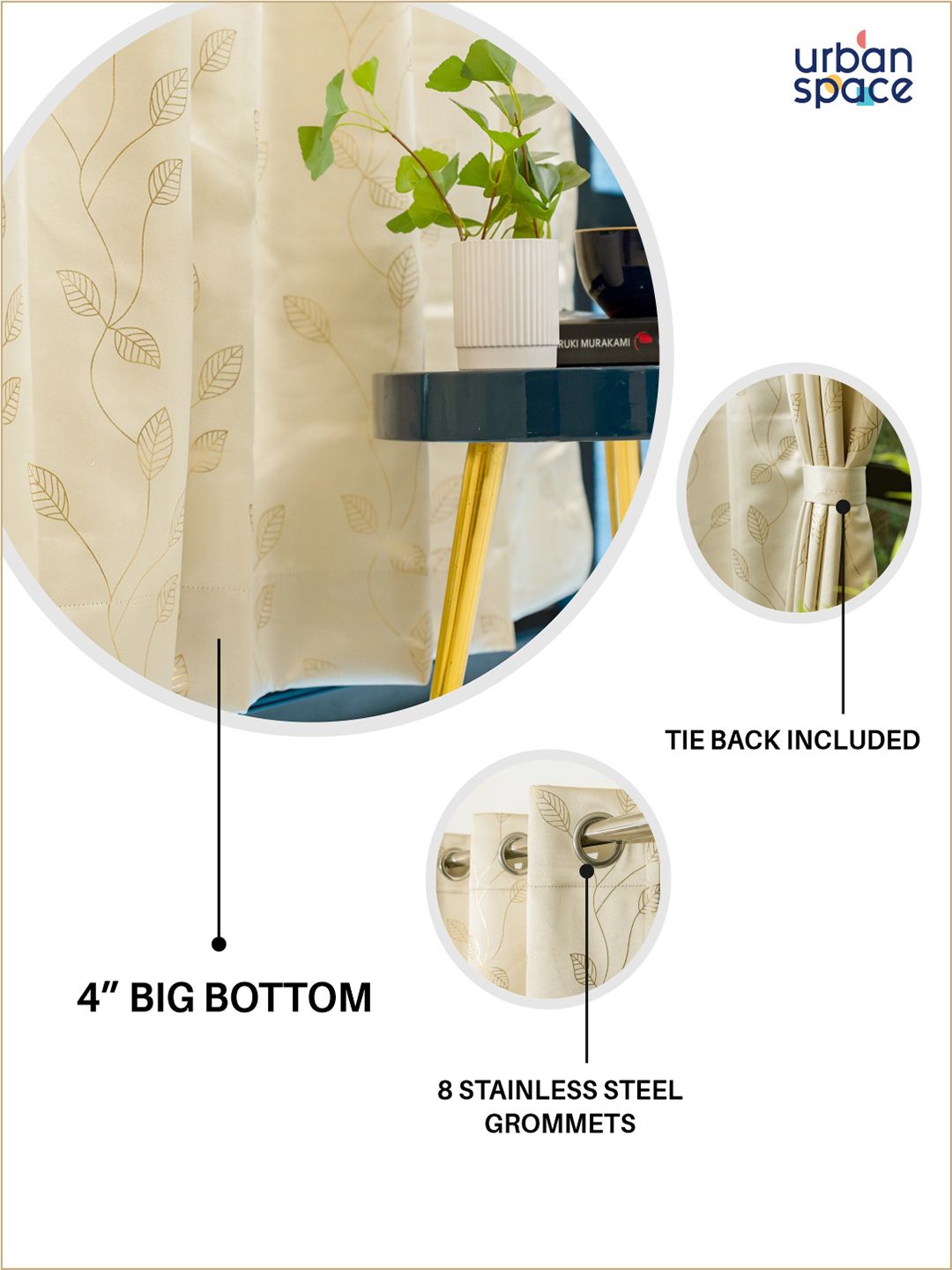 URBAN SPACE Beige Floral Printed Black Out Door Curtain