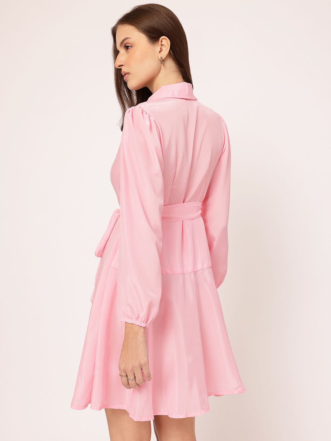 DressBerry Glow & Glam Shawl Collar Puff Sleeve Wrap Belted Mini Dress
