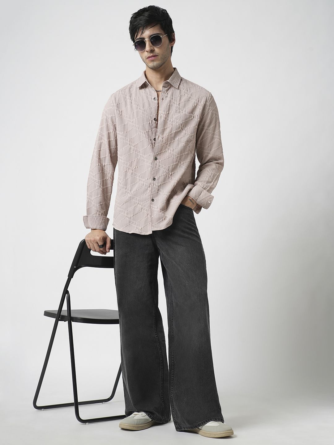 VASTRADO Men Classic Slim Fit Spread Collar Textured Casual Shirt