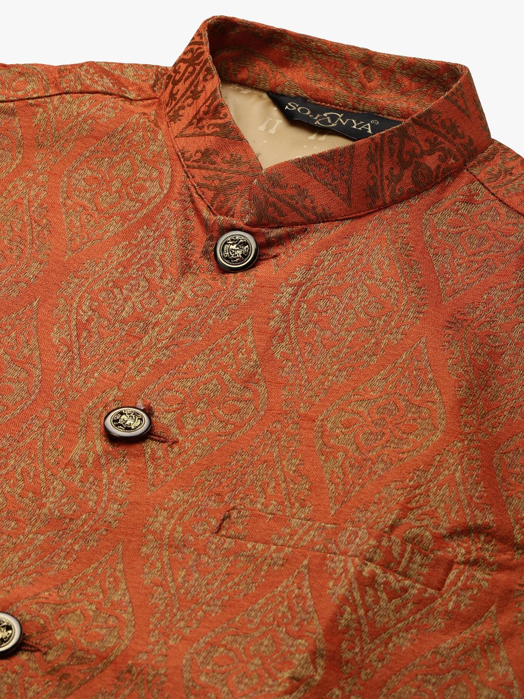 SOJANYA Men Golden Kurta with Churidar & Nehru Jacket