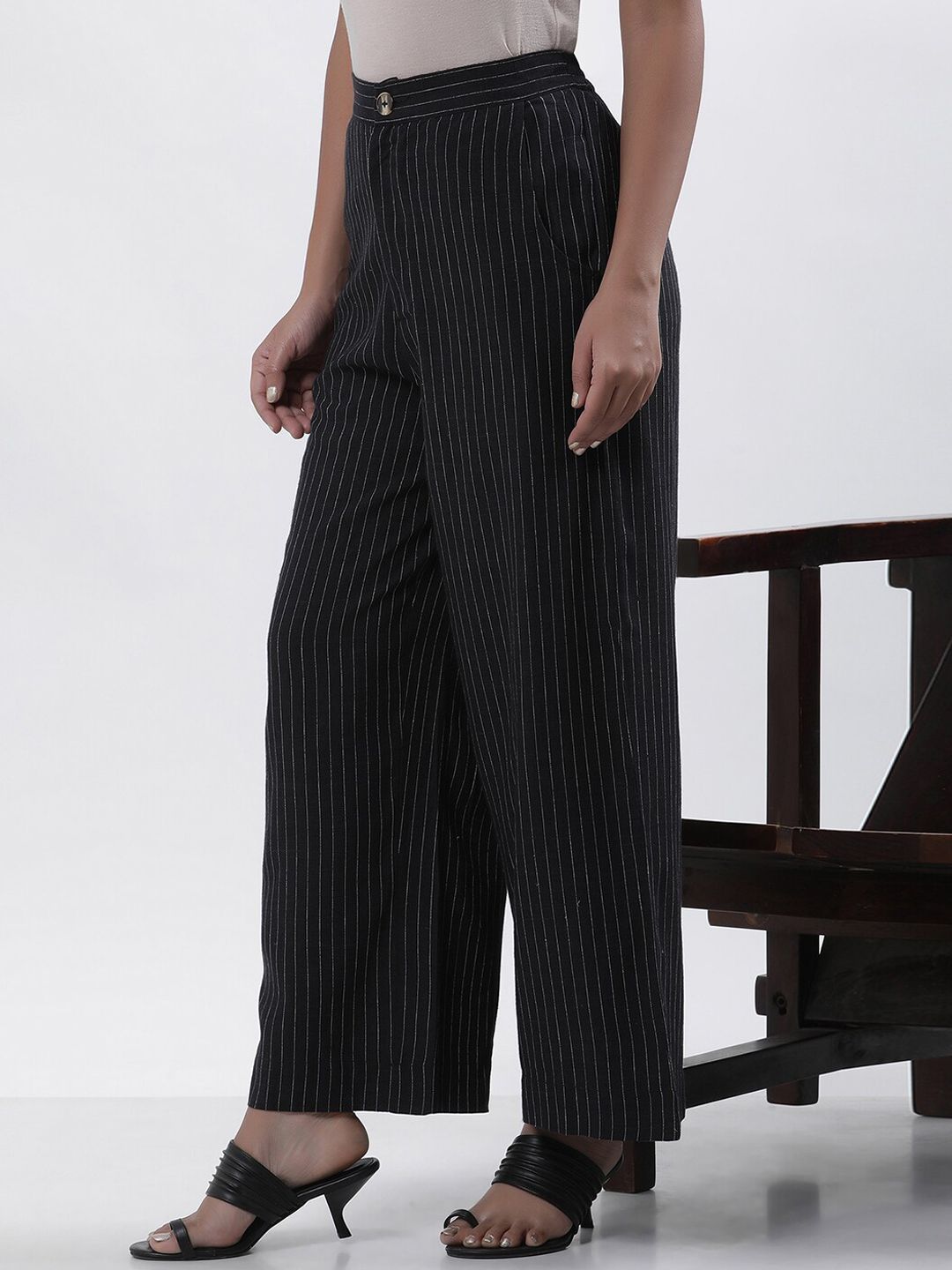 W Women Striped High-Rise Straight Fit Parallel Trouser