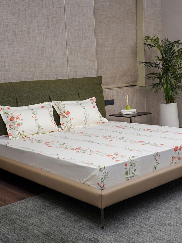 URBAN SPACE Peach-Coloured Printed Cotton 200 TC Single Bedsheet With 2 Pillow Covers