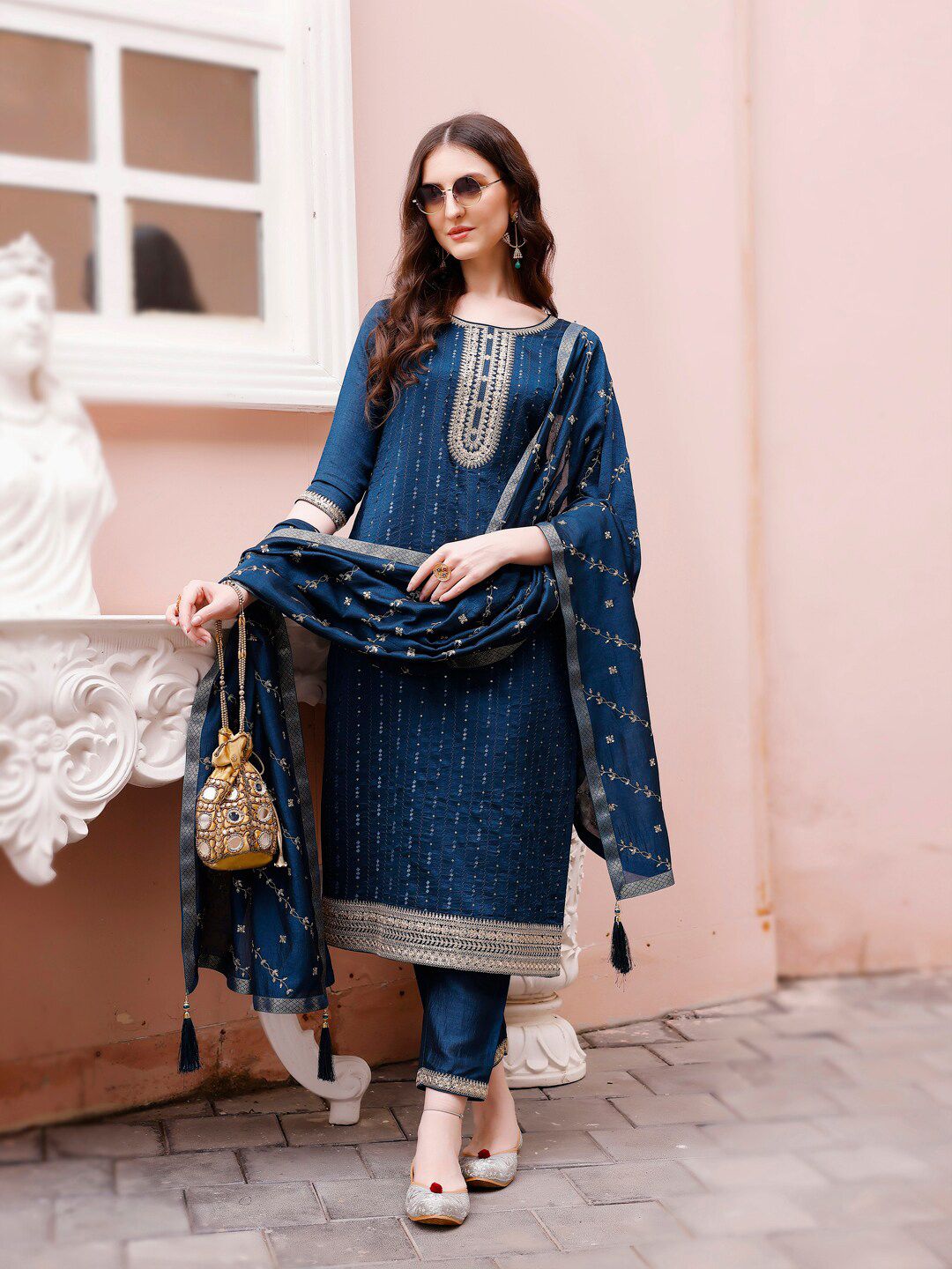 KALINI Embroidered Round Neck Straight Kurta & Trousers With Dupatta