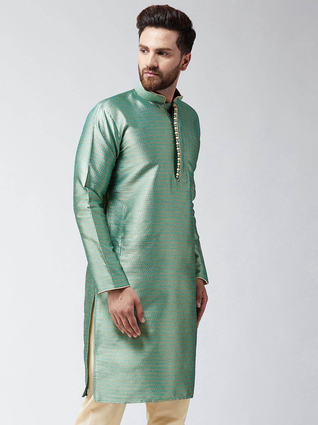 SOJANYA Men Green Woven Design Straight Kurta