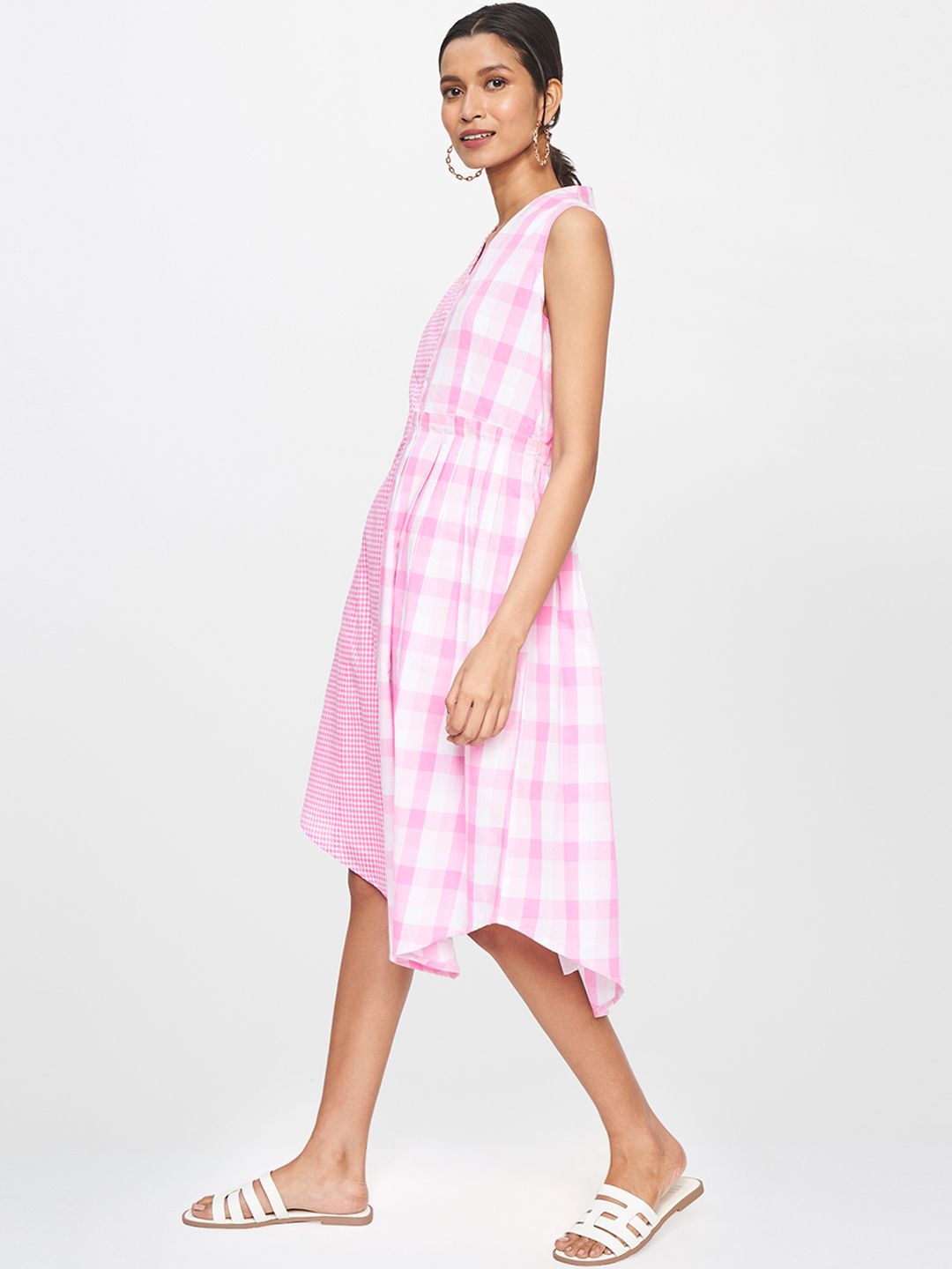 AND Women Pink & White Checked Fit and Flare Asymmetric Dress With gathered Pleated Detail