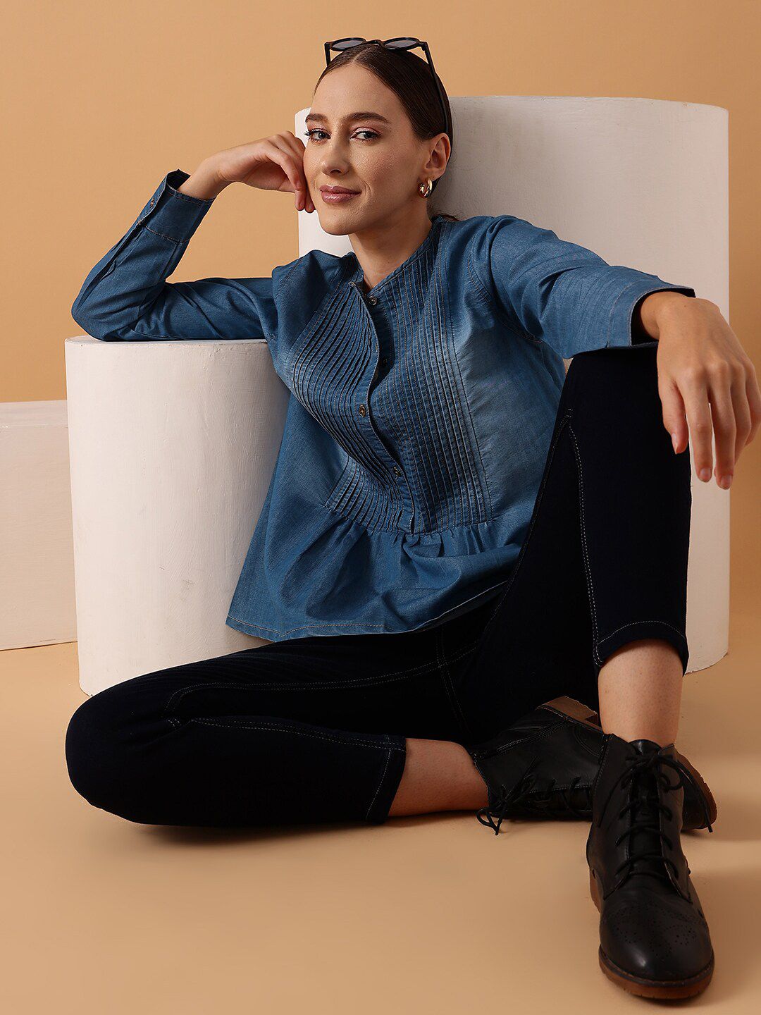 STREET 9 Pin Tucked Cotton Denim Top
