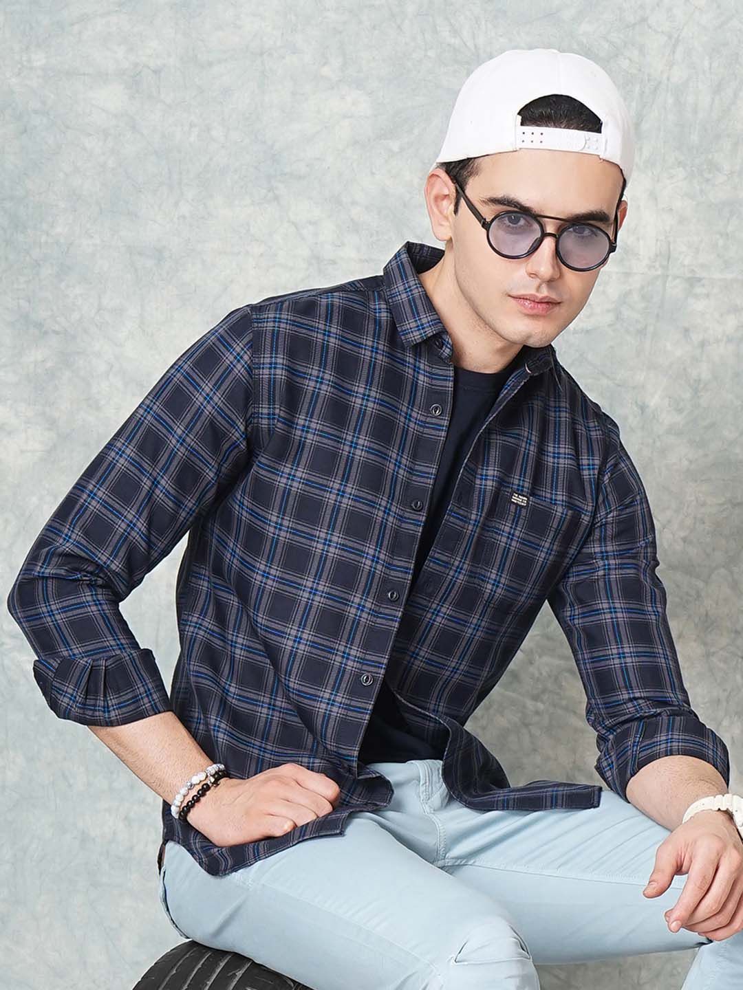 The Indian Garage Co Men Navy Blue Slim Fit Tartan Checks Casual Shirt