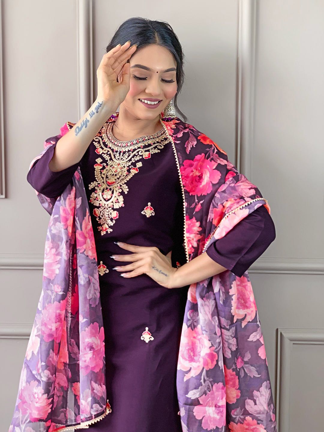 KALINI Floral Embroidered Round Neck Three-Quarter Sleeves Kurta Set