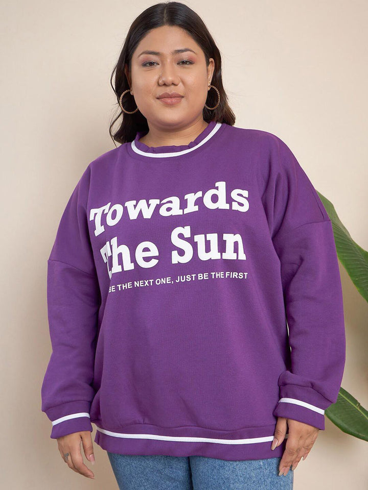 CURVY STREET Plus Size Typography Printed Ribbed Pure Cotton Sweatshirt